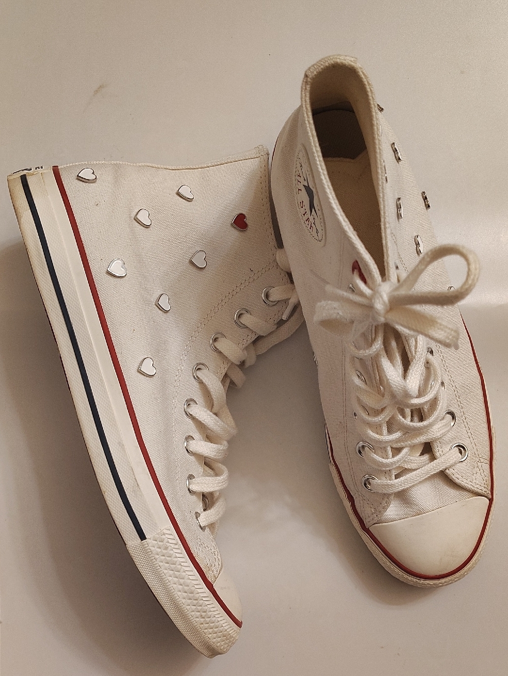 Converse White High Top Sneakers with Heart Studs